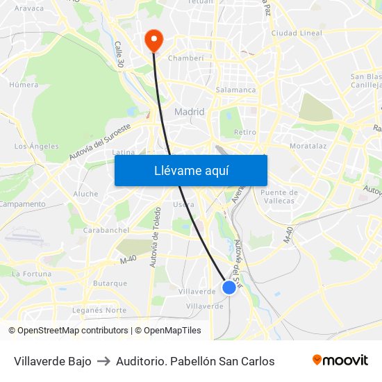 Villaverde Bajo to Auditorio. Pabellón San Carlos map