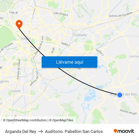 Arganda Del Rey to Auditorio. Pabellón San Carlos map