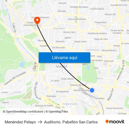 Menéndez Pelayo to Auditorio. Pabellón San Carlos map