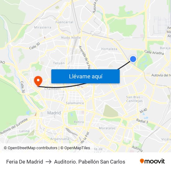 Feria De Madrid to Auditorio. Pabellón San Carlos map