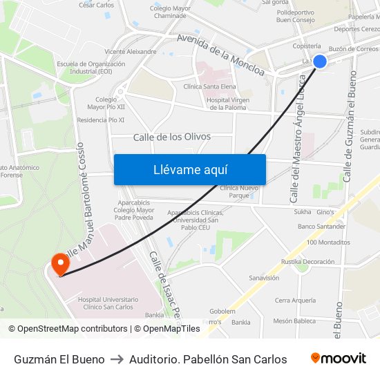 Guzmán El Bueno to Auditorio. Pabellón San Carlos map