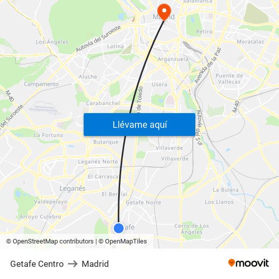 Getafe Centro to Madrid map