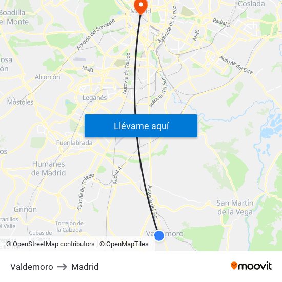 Valdemoro to Madrid map