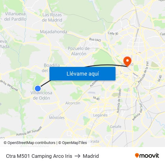 Ctra M501 Camping Arco Iris to Madrid map