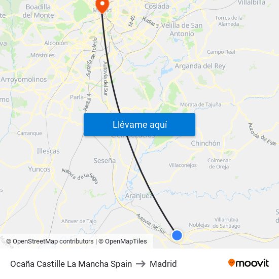 Ocaña Castille La Mancha Spain to Madrid map