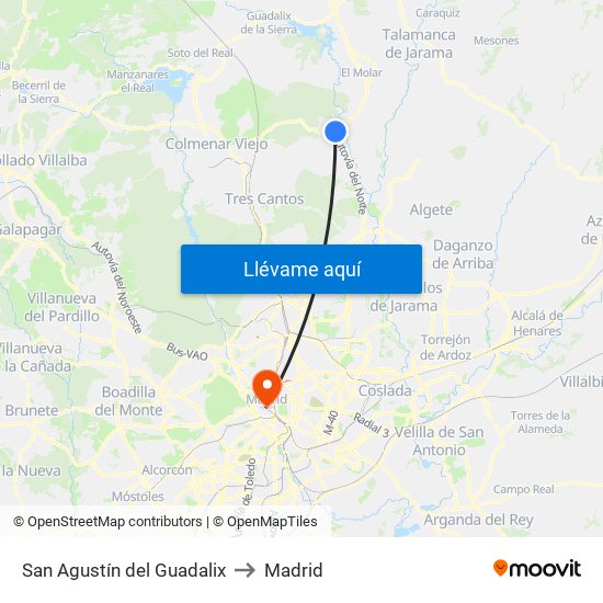 San Agustín del Guadalix to Madrid map