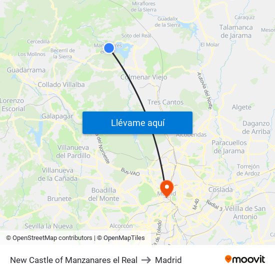 New Castle of Manzanares el Real to Madrid map