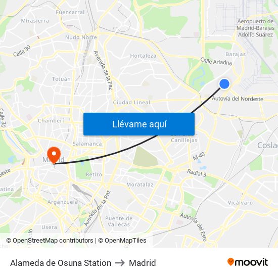Alameda de Osuna Station to Madrid map