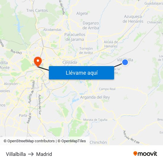 Villalbilla to Madrid map