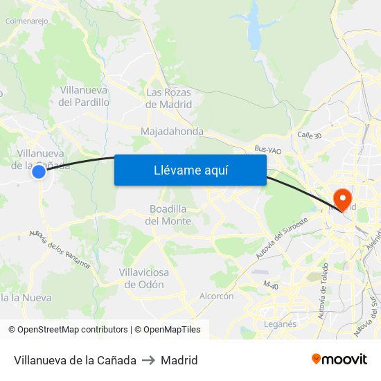 Villanueva de la Cañada to Madrid map