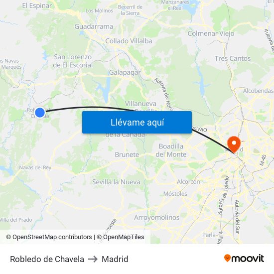 Robledo de Chavela to Madrid map