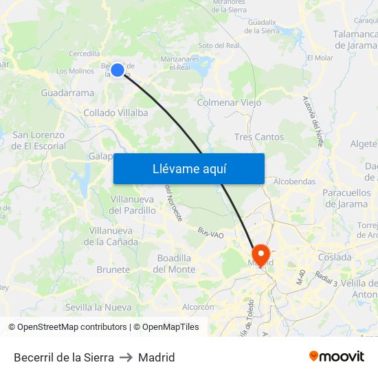 Becerril de la Sierra to Madrid map