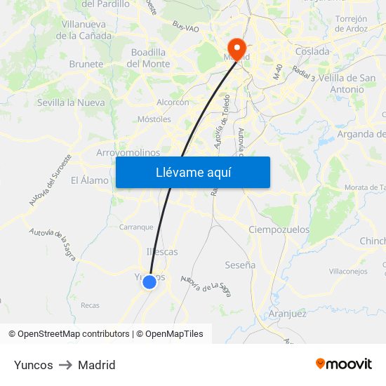 Yuncos to Madrid map