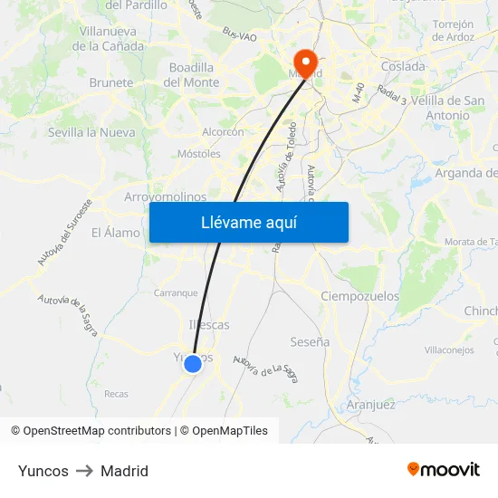 Yuncos to Madrid map