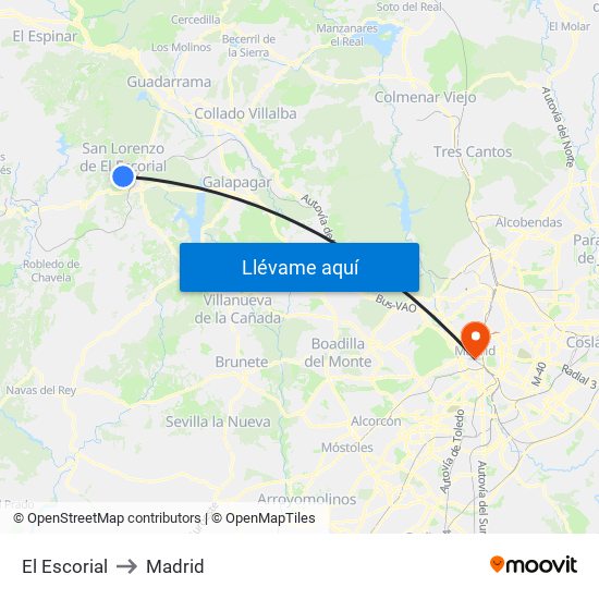 El Escorial to Madrid map
