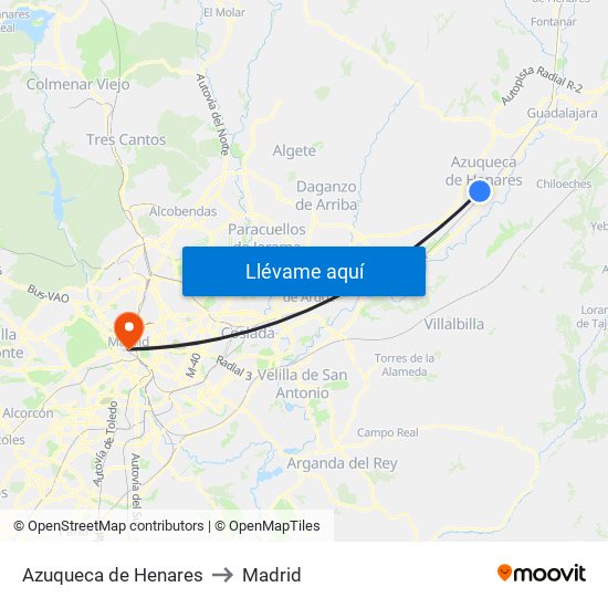 Azuqueca de Henares to Madrid map