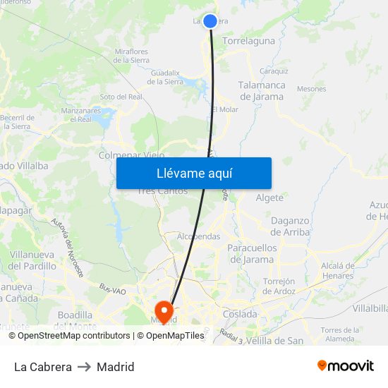 La Cabrera to Madrid map