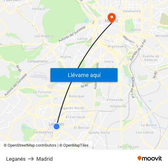 Leganés to Madrid map