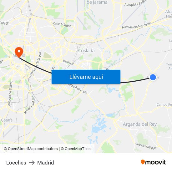 Loeches to Madrid map