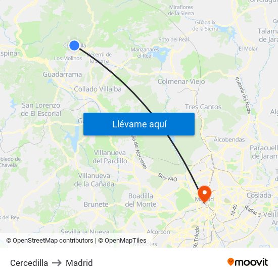 Cercedilla to Madrid map