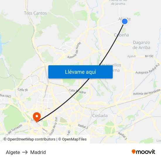 Algete to Madrid map