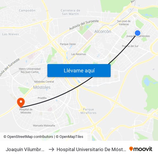 Joaquín Vilumbrales to Hospital Universitario De Móstoles. map