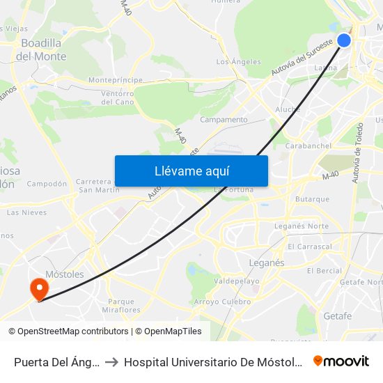 Puerta Del Ángel to Hospital Universitario De Móstoles. map