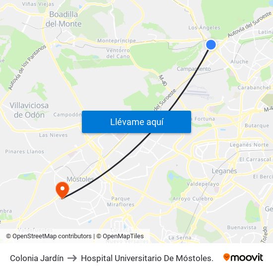 Colonia Jardín to Hospital Universitario De Móstoles. map