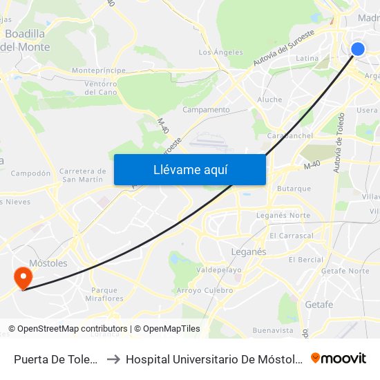 Puerta De Toledo to Hospital Universitario De Móstoles. map