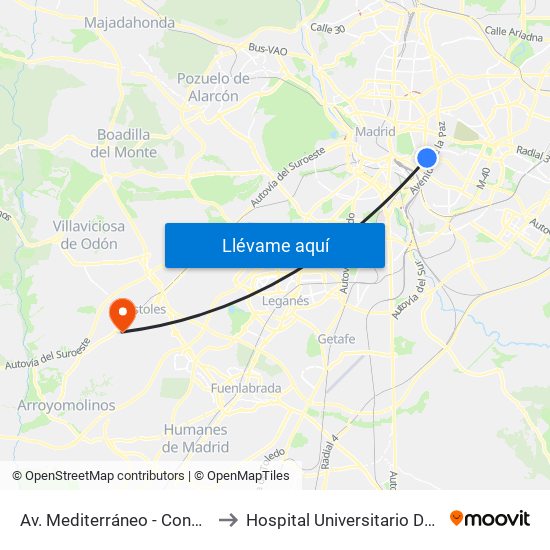 Av. Mediterráneo - Conde De Casal to Hospital Universitario De Móstoles. map