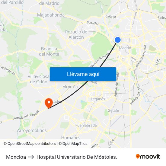 Moncloa to Hospital Universitario De Móstoles. map