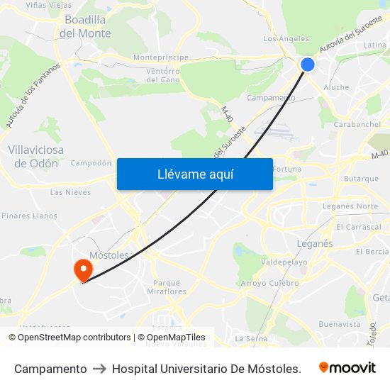 Campamento to Hospital Universitario De Móstoles. map