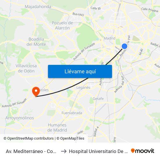 Av. Mediterráneo - Conde Casal to Hospital Universitario De Móstoles. map