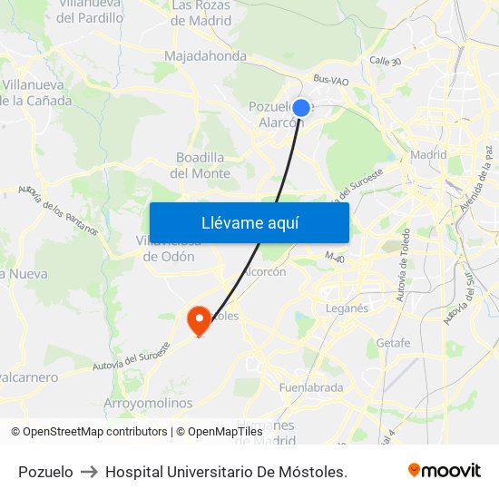 Pozuelo to Hospital Universitario De Móstoles. map