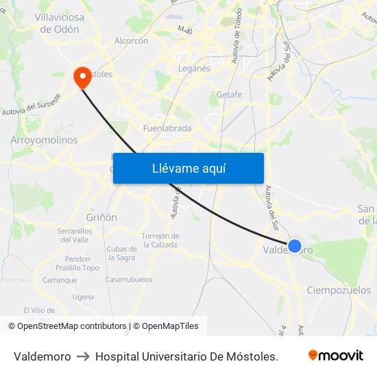 Valdemoro to Hospital Universitario De Móstoles. map