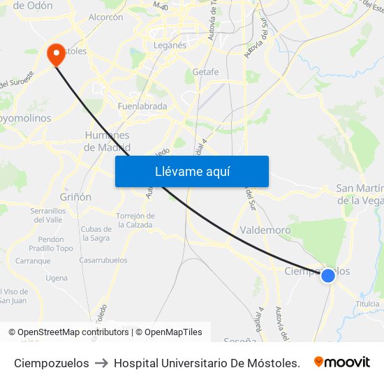 Ciempozuelos to Hospital Universitario De Móstoles. map