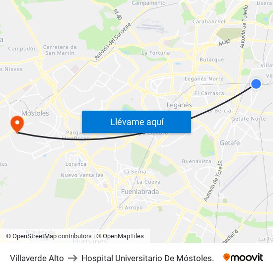 Villaverde Alto to Hospital Universitario De Móstoles. map