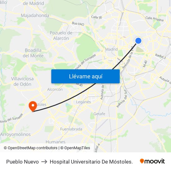 Pueblo Nuevo to Hospital Universitario De Móstoles. map