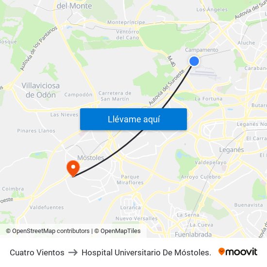 Cuatro Vientos to Hospital Universitario De Móstoles. map