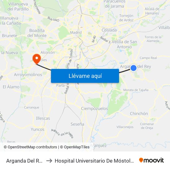 Arganda Del Rey to Hospital Universitario De Móstoles. map