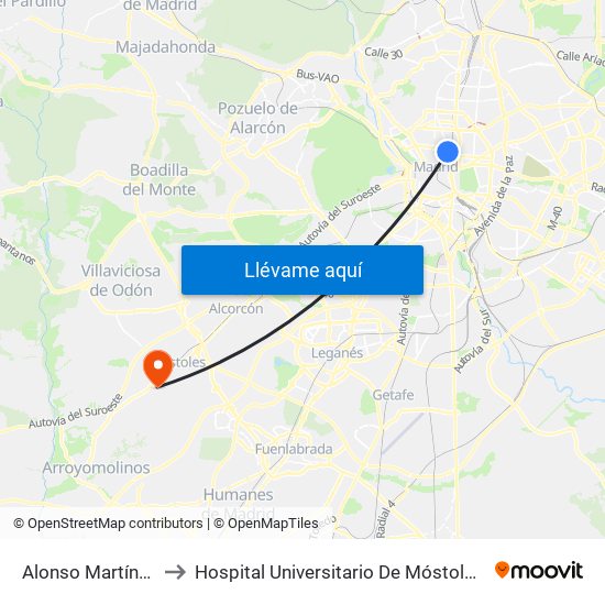 Alonso Martínez to Hospital Universitario De Móstoles. map