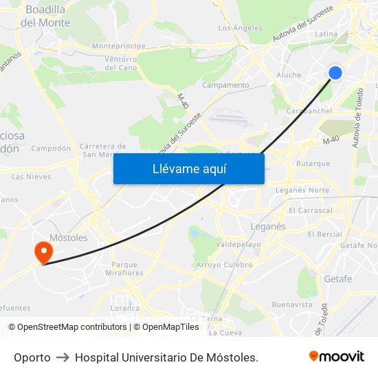 Oporto to Hospital Universitario De Móstoles. map