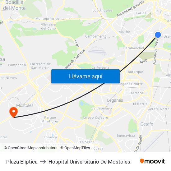 Plaza Elíptica to Hospital Universitario De Móstoles. map