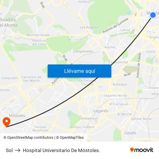 Sol to Hospital Universitario De Móstoles. map