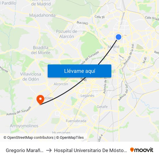 Gregorio Marañón to Hospital Universitario De Móstoles. map