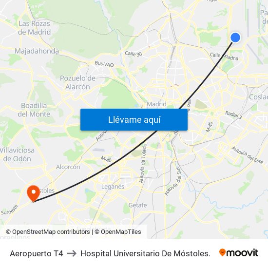 Aeropuerto T4 to Hospital Universitario De Móstoles. map
