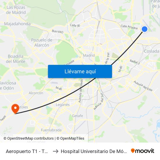 Aeropuerto T1 - T2 - T3 to Hospital Universitario De Móstoles. map