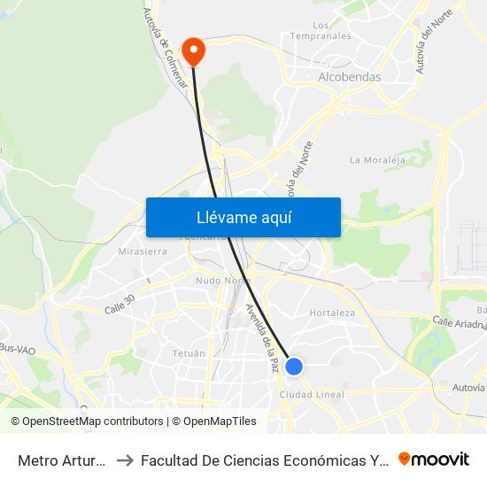 Metro Arturo Soria to Facultad De Ciencias Económicas Y Empresariales map