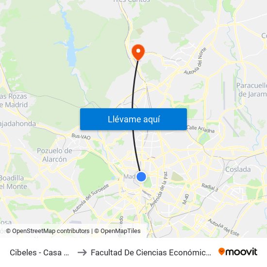 Cibeles - Casa De América to Facultad De Ciencias Económicas Y Empresariales map