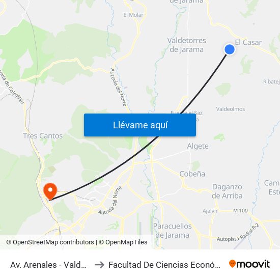 Av. Arenales - Valdetorres, El Casar to Facultad De Ciencias Económicas Y Empresariales map